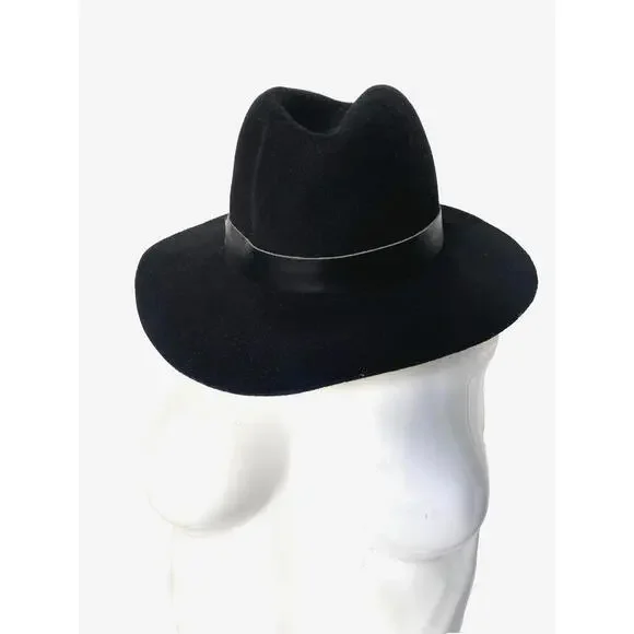 NWT Hat Attack Womens 100% Wool Felt Brimmed Fedora Leather Trim Black Hat - Picture 8 of 12